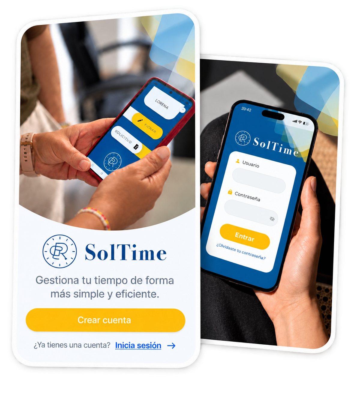 mockup de app soltime en azul y amarillo